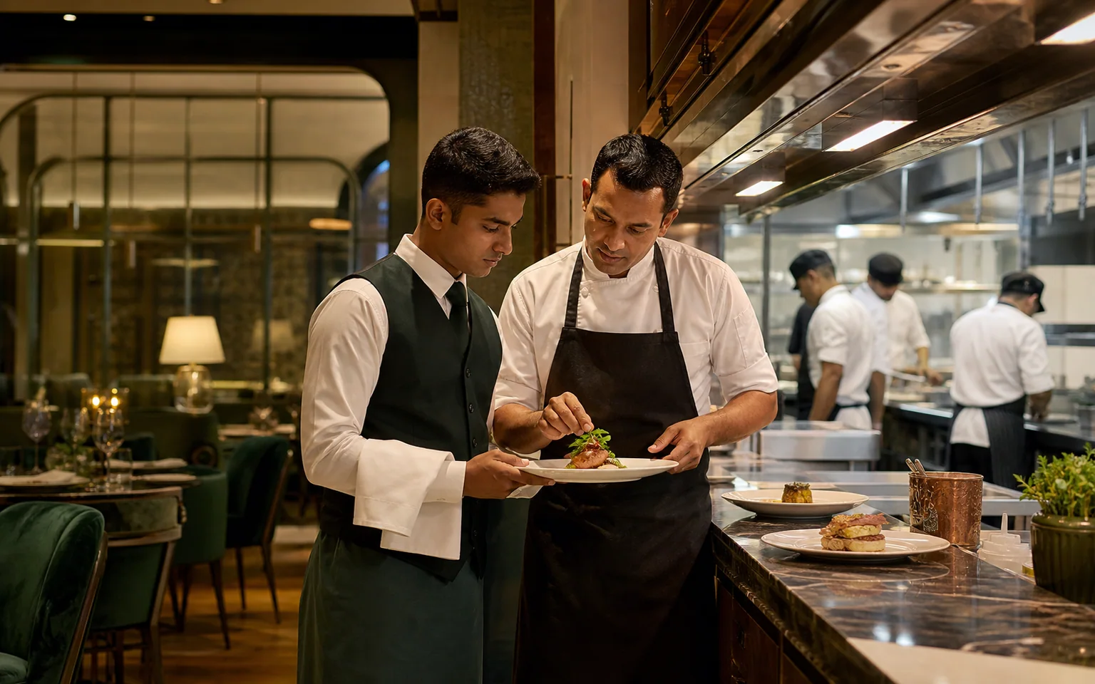 Hospitality professional learning from a chef at a hotel kitchen pass